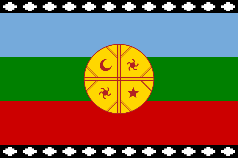 À gauche : ruka Mapuche. À droite : drapeau Mapuche. 