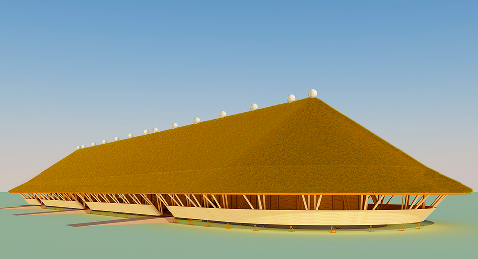 Simulation 3D du pavillon de l’extérieur et de l’exposition. © Simón Vélez et Matthieu Ricard